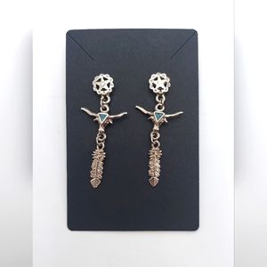 Artist signed Ege93 Turquoise Steer and Feather Earrings